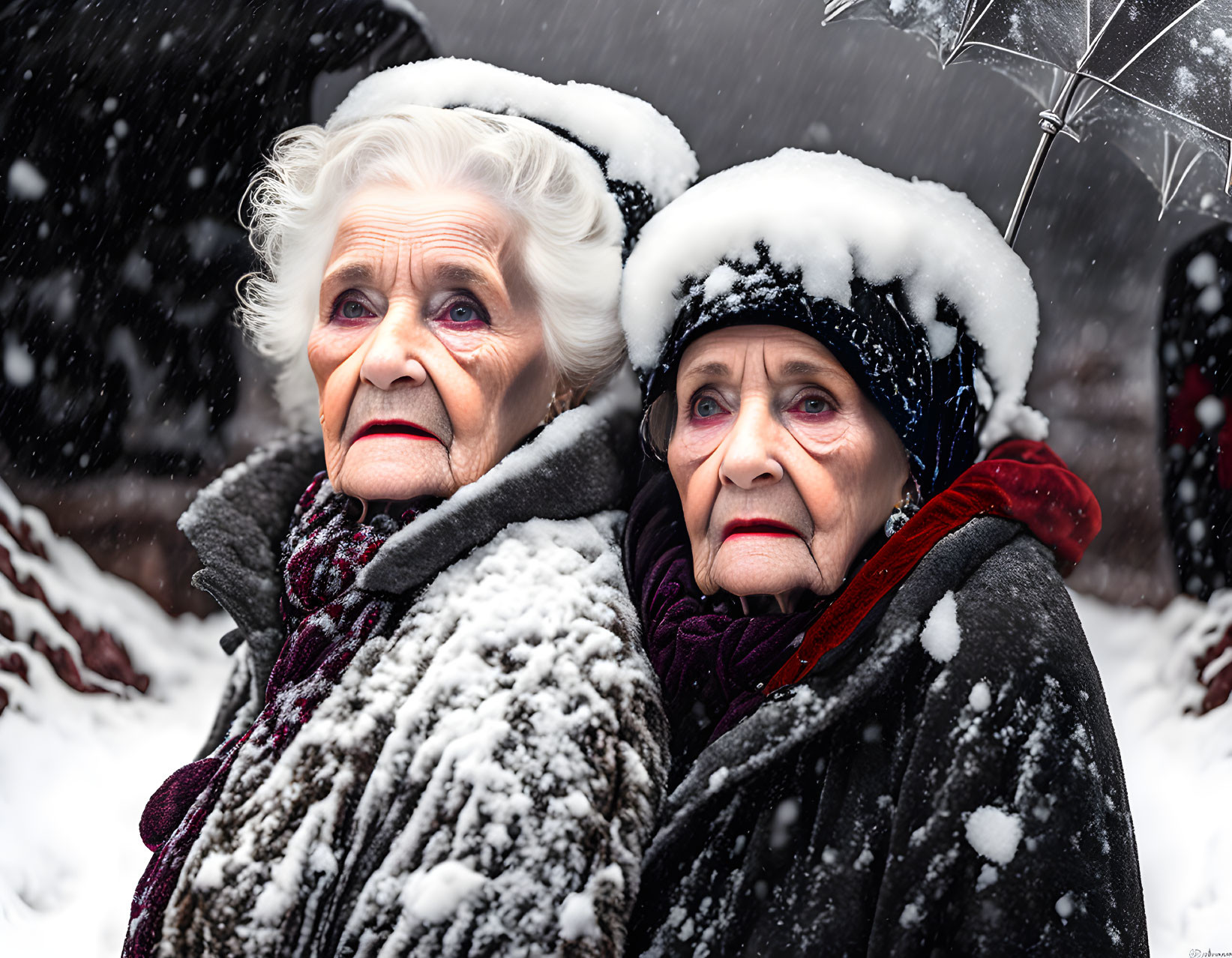 Elderly women under umbrella with snow on clothes gaze into distance