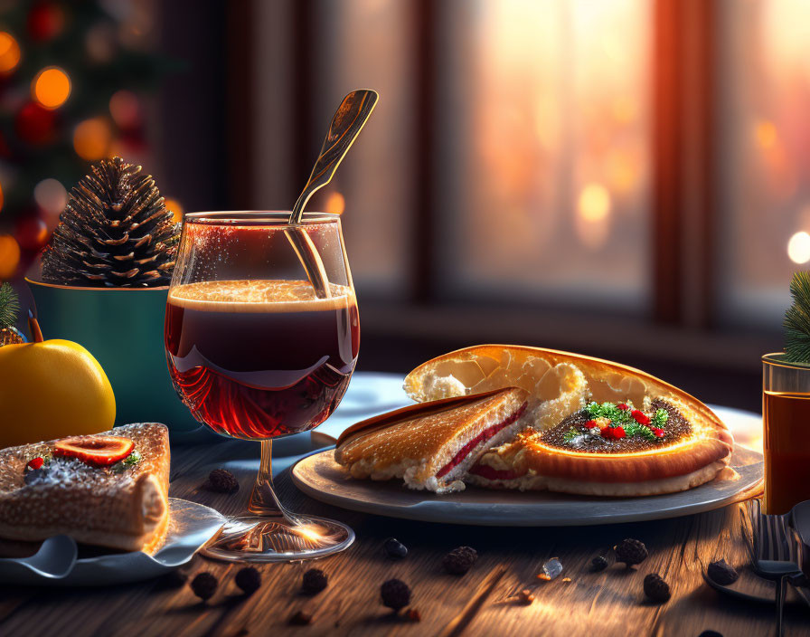 Festive table setting with red wine, caviar sandwich, cheese, and dessert by window