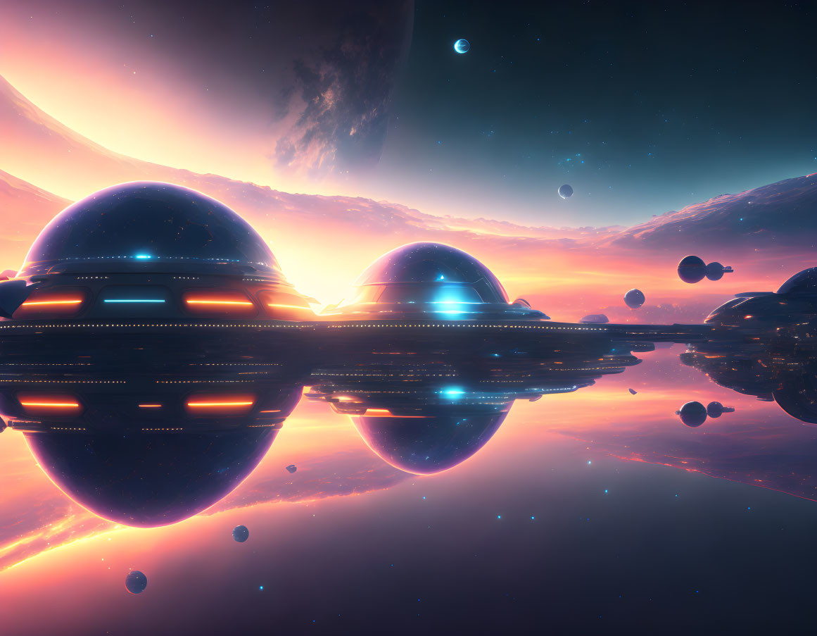 Extraterrestrial city with spherical structures under pink and blue nebula sky