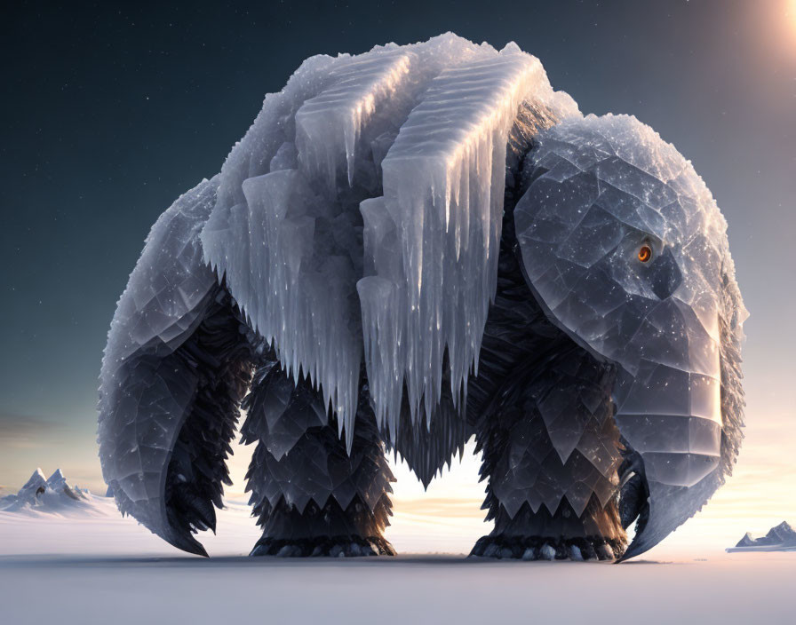 Ice Bear Creature with Glowing Eye in Snowy Twilight Landscape