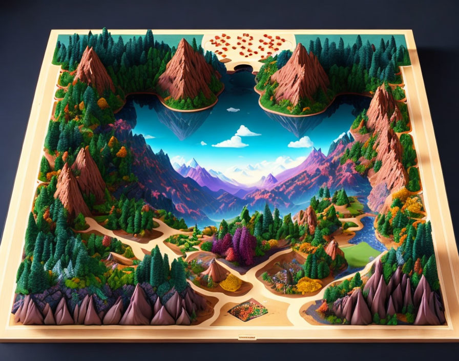 Detailed Fantasy Landscape 3D Pop-up Book Featuring Mountains, Forests, Lake, and Clouds