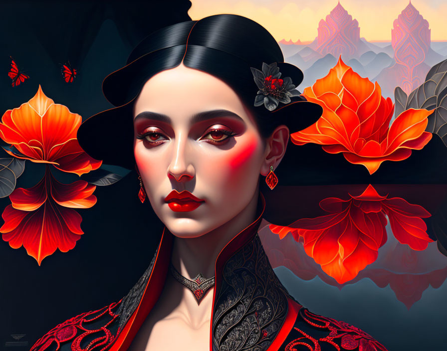 Stylized portrait of a woman with red makeup and floral hat in front of red leaves and abstract