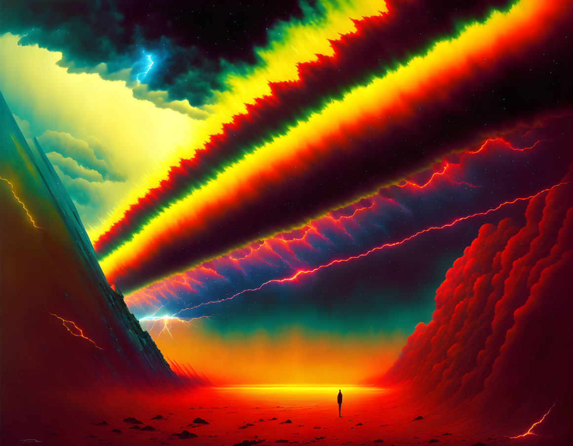 Colorful sci-fi landscape with lone figure on red surface and layered aurora streams.