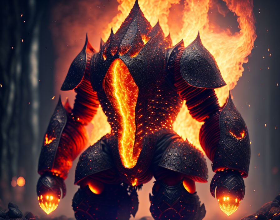 Fiery glowing creature with molten armor emitting intense heat and light