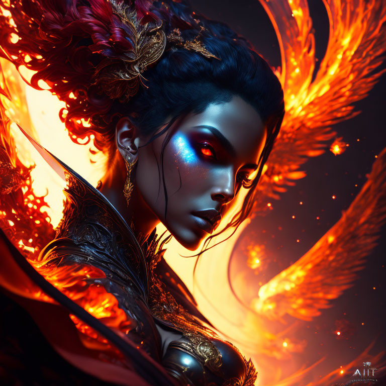 Digital artwork: Woman with glowing blue skin and fiery wings in vibrant orange flames