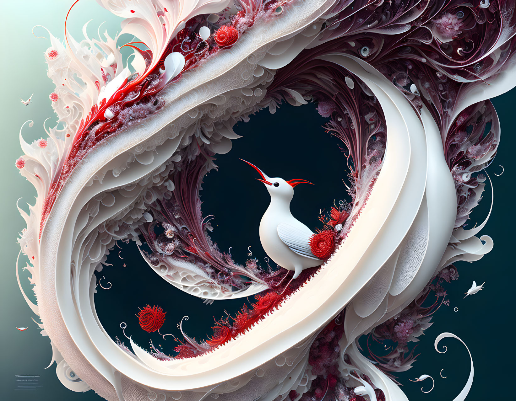 Stylized white bird with red accents in intricate swirling patterns