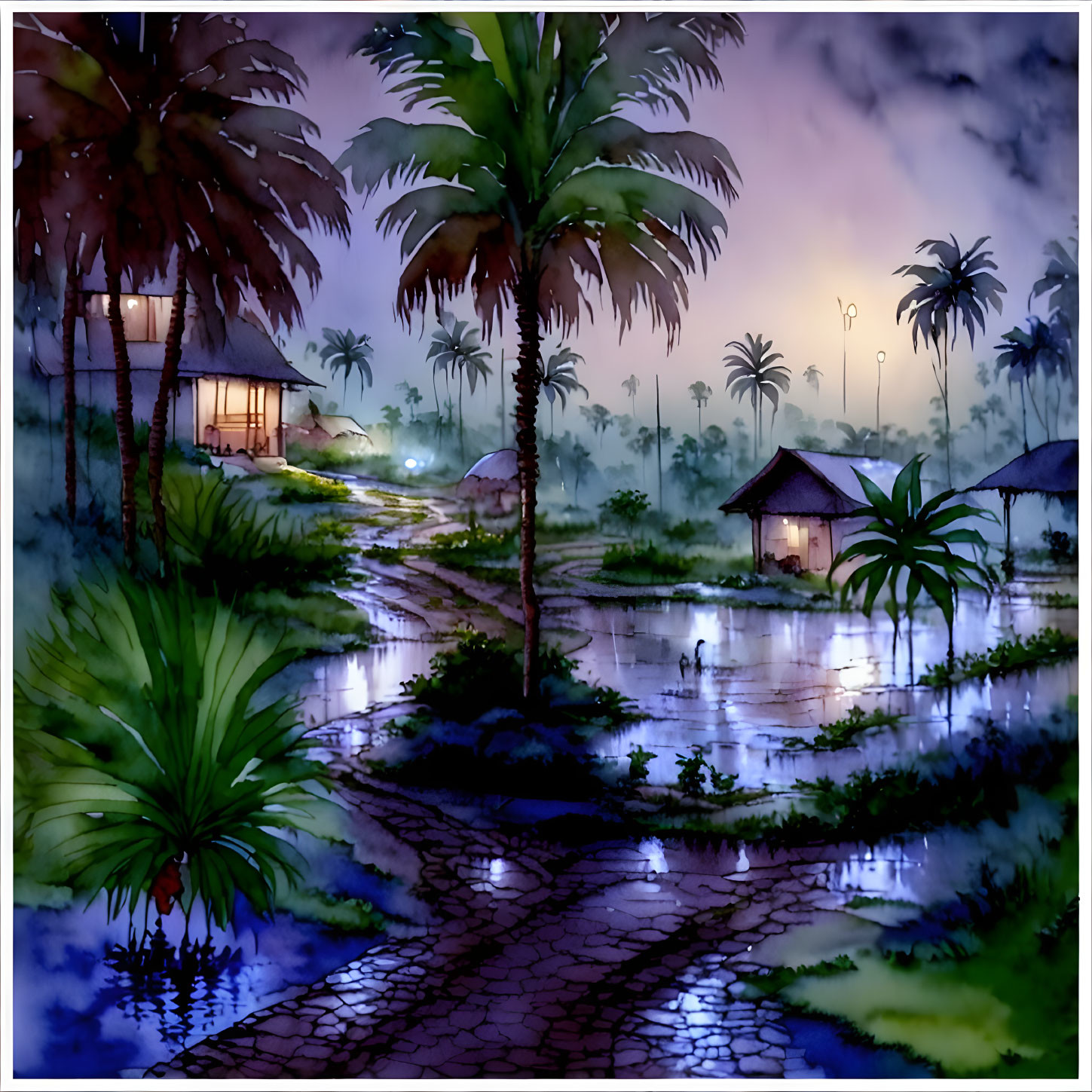 Twilight tropical scene with palm trees, huts, and rain-washed path