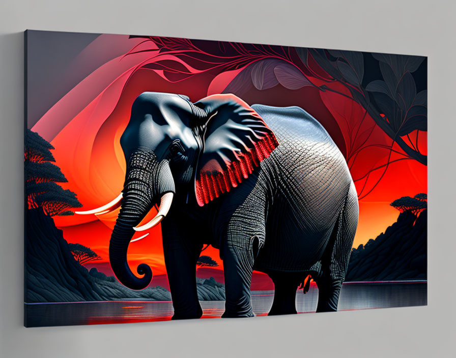 Elephant with tusks in red backdrop, leaf silhouettes, swirling patterns on canvas