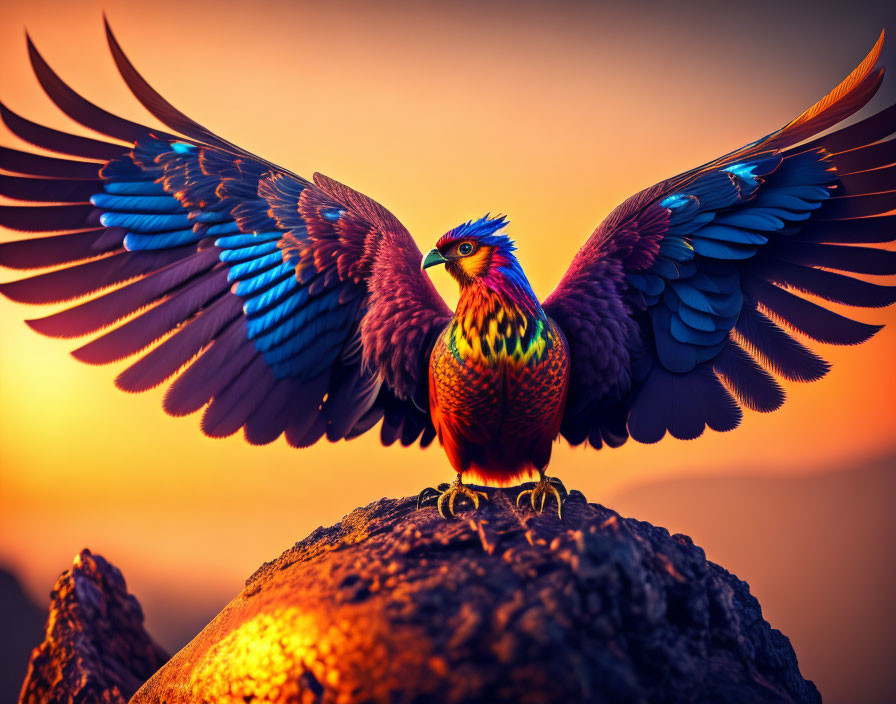 Colorful Bird with Spread Wings in Sunset Sky