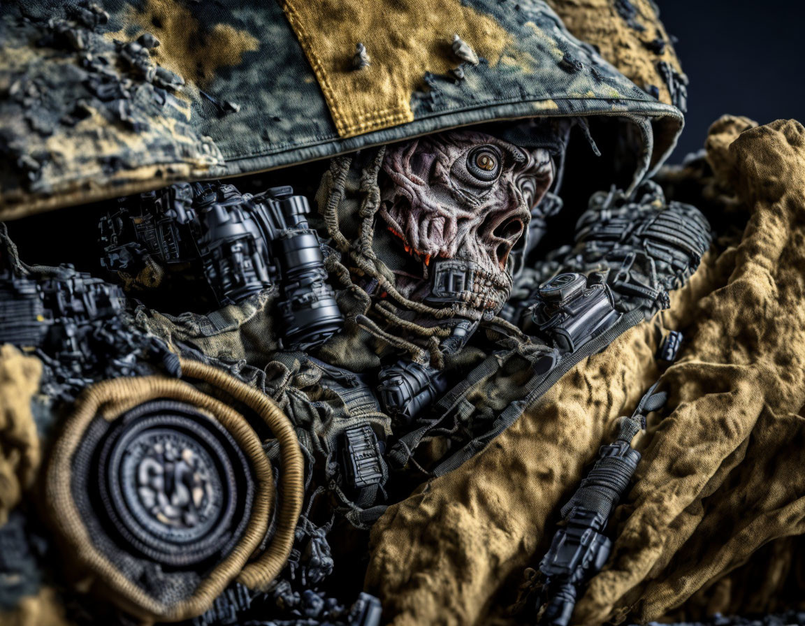 Detailed Robotic Skeleton Soldier in Combat Gear with Camouflage Cloak