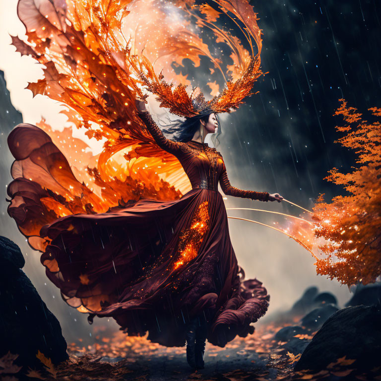 Fantastical image: Woman with fiery wings in autumn setting