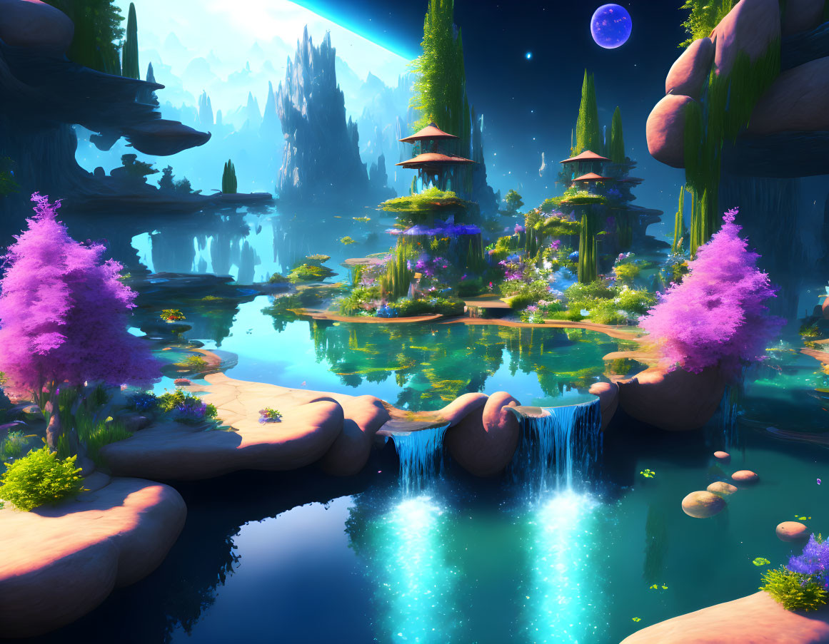 Fantasy landscape with blue waterfalls, purple foliage, floating islands, and Asian-inspired structures