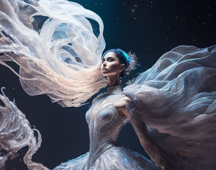 Ethereal woman in glittering gown against starry backdrop