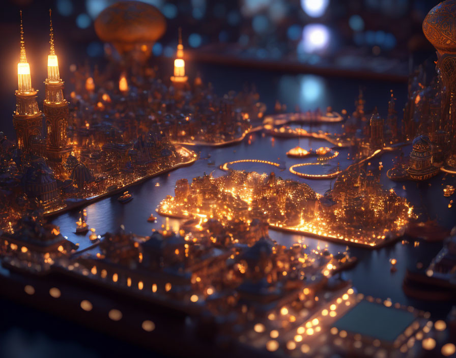 Miniature cityscape at dusk with golden illuminated buildings reflected in water