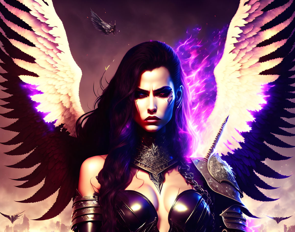 Dark-haired female warrior in gleaming armor with wings and purple backdrop