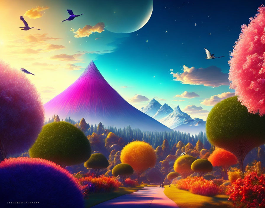 Colorful Trees, Luminous Path, Birds, Mountain, Oversized Moon in Fantasy Landscape