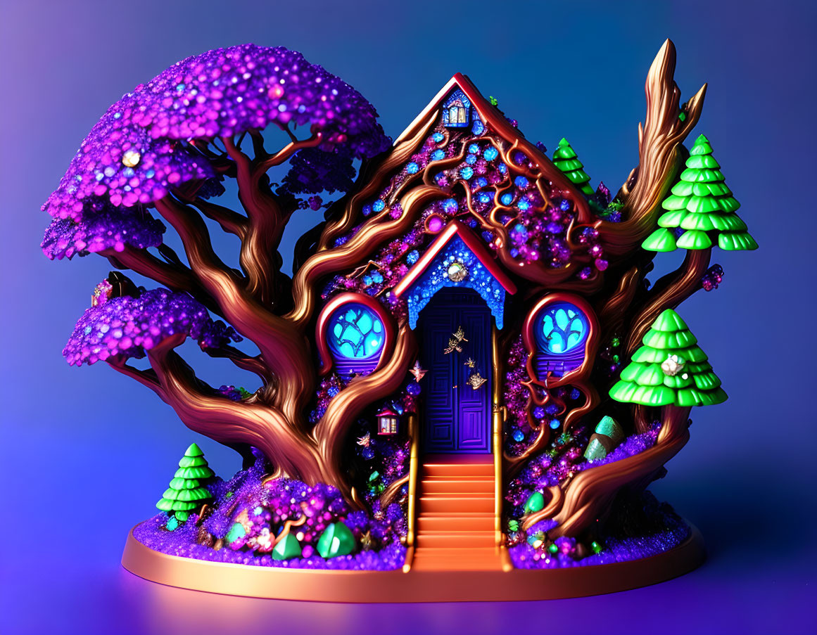 Fantasy treehouse with glowing purple foliage and blue door on a purple base