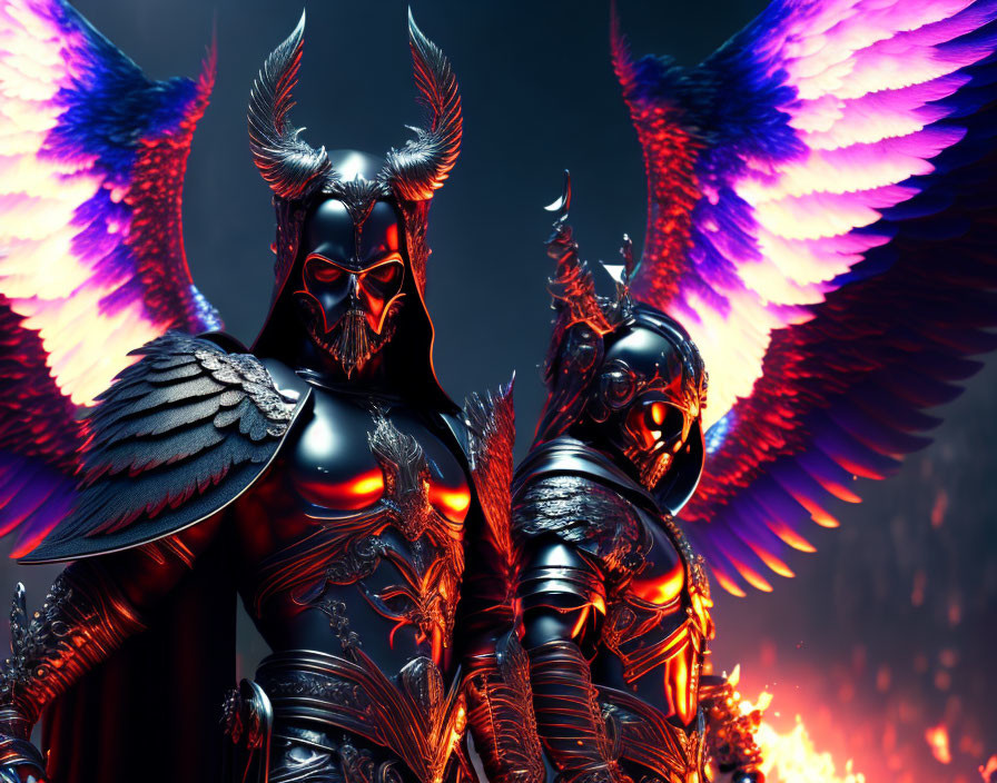 Armored fantasy figures with wings in black and blue against fiery backdrop