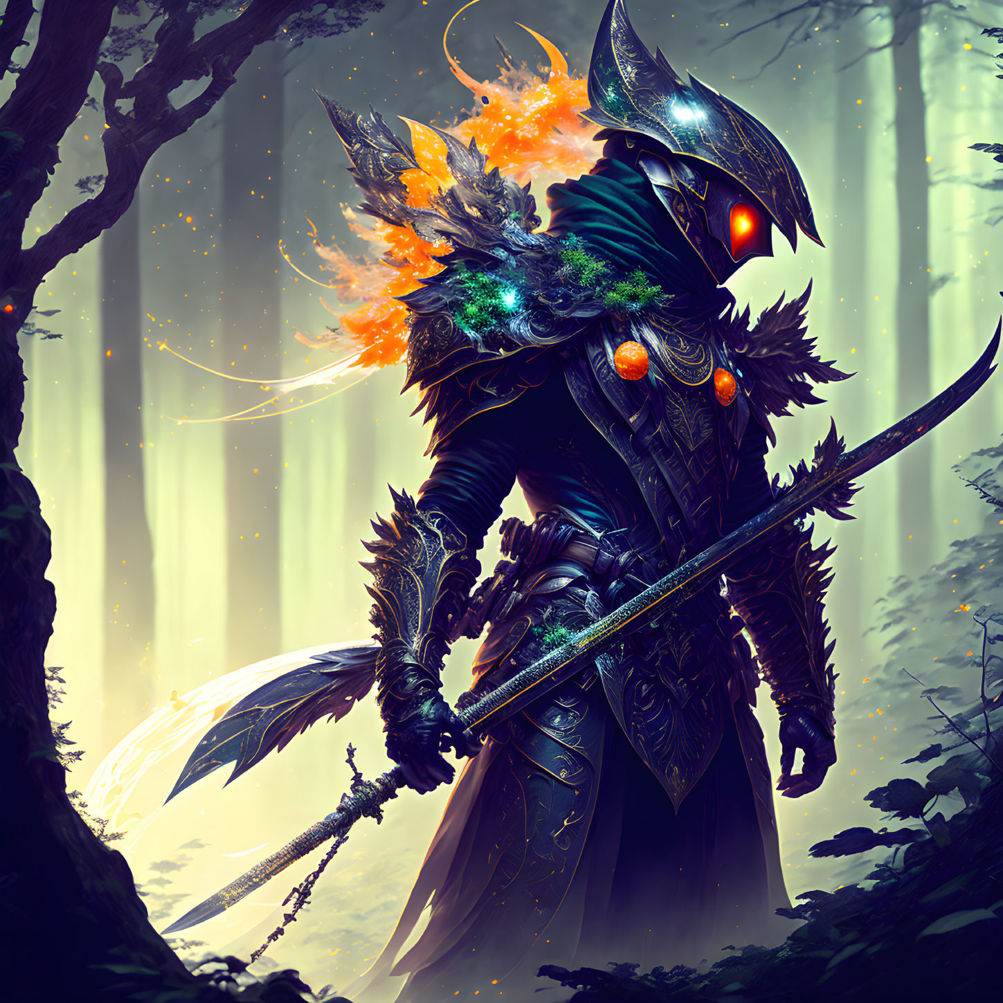 Fantasy warrior in armor with glowing eyes in mystical forest