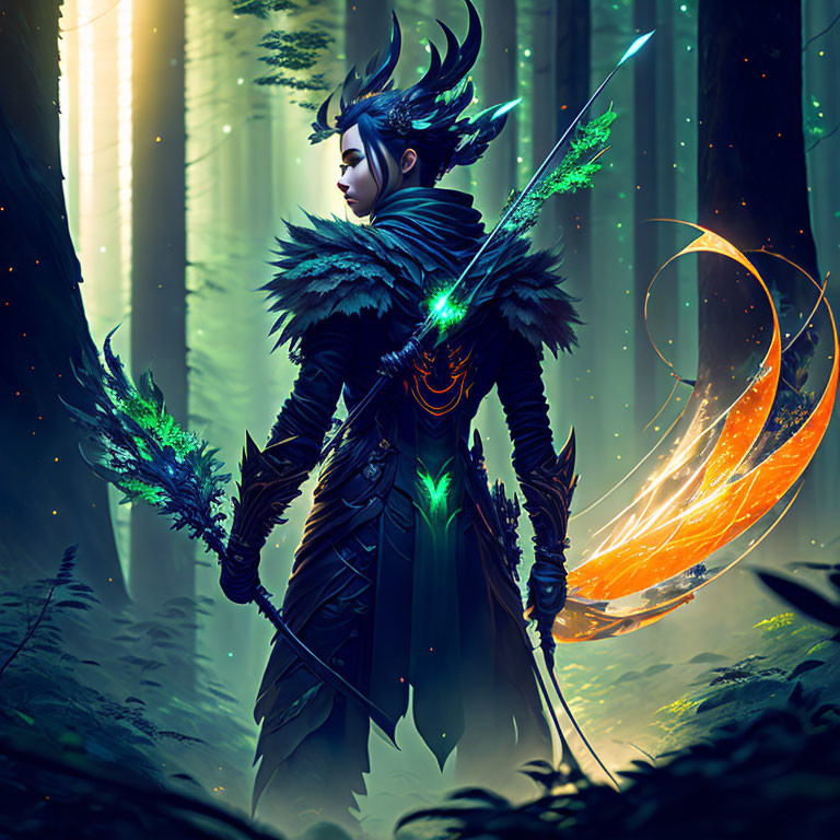 Illustrated warrior in glowing green armor in mystical forest with light shafts.