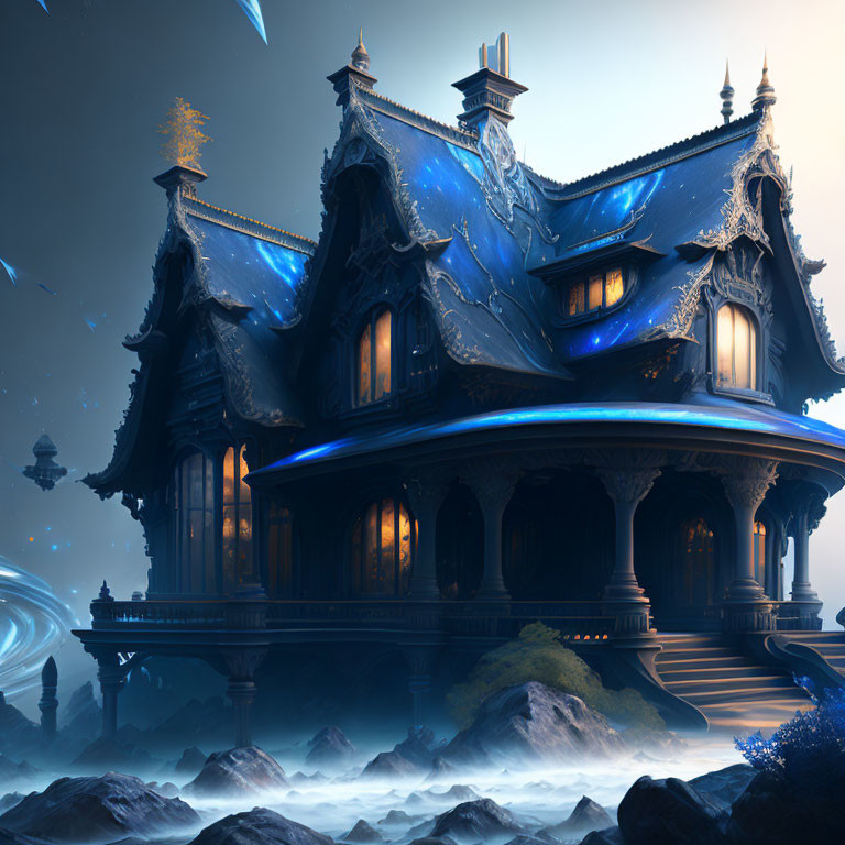 Blue-Toned Mansion on Rocky Terrain with Glowing Accents