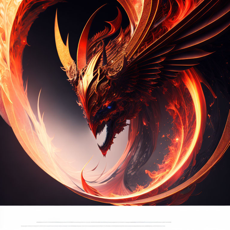 Majestic dragon with golden horns in fiery setting