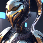 Detailed 3D-rendered humanoid robot with mechanical neck and blue eyes