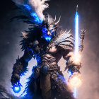 Fantasy warrior with glowing blue eyes and spear in horned armor against starry sky