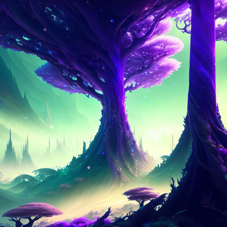 Fantastical landscape with purple trees, city, and teal sky.