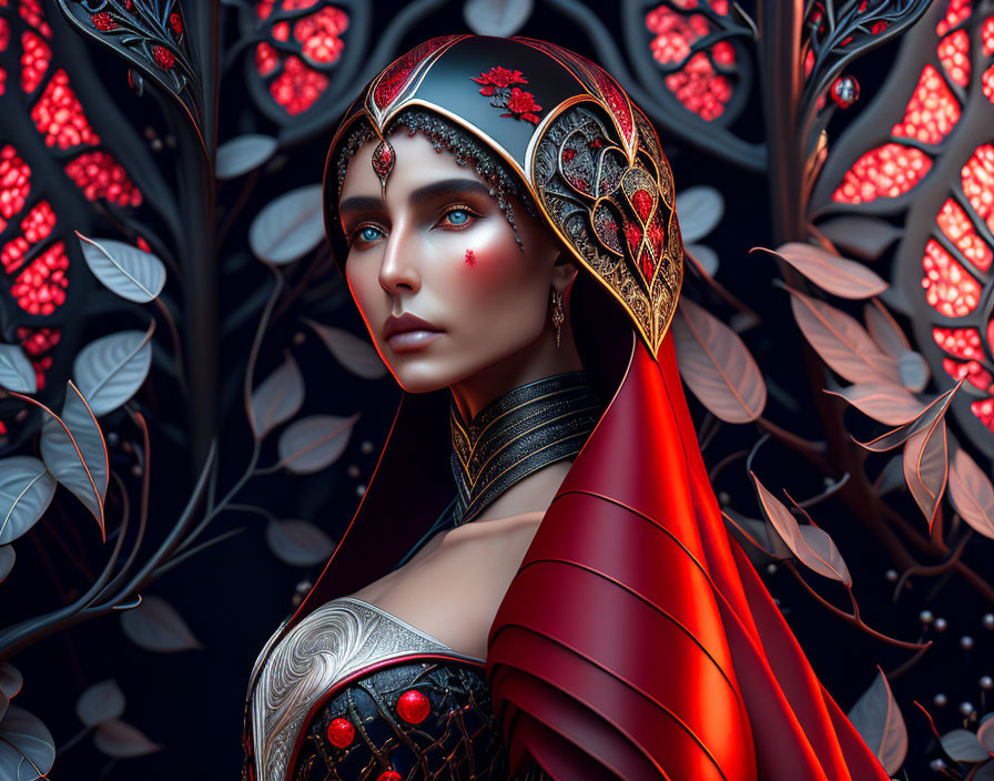 Ethereal woman in red and silver headgear against metallic leaves