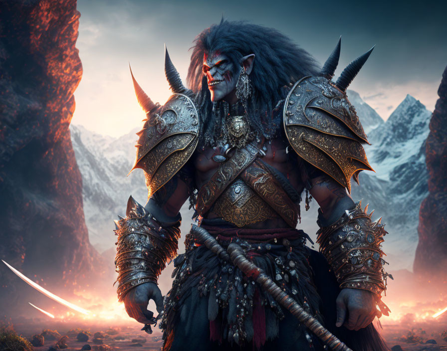 Fantasy warrior with fangs and fur in detailed armor against fiery landscape