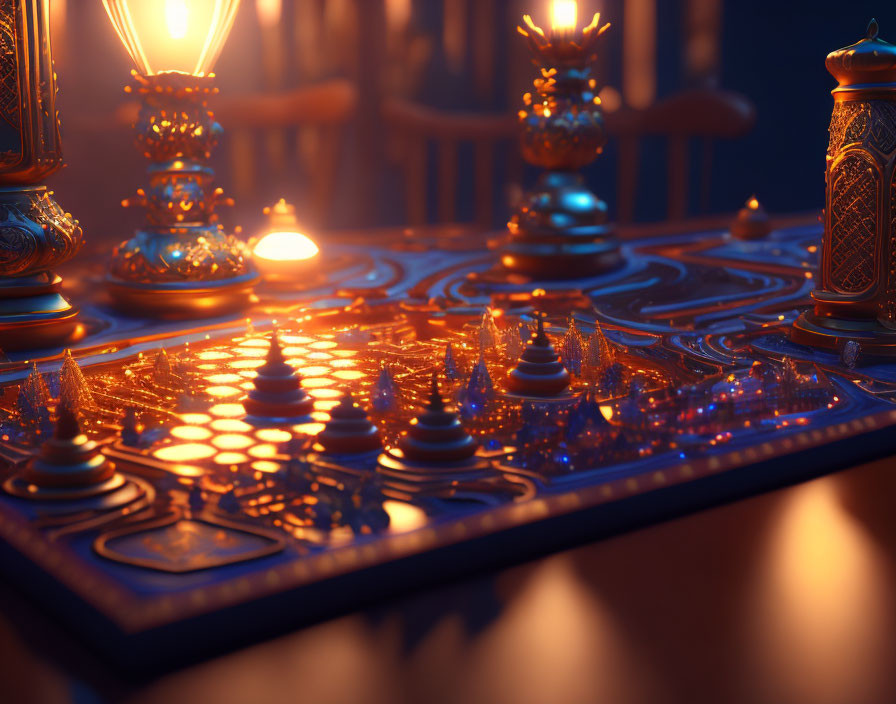 Ornate Illuminated Chessboard with Intricate Pieces