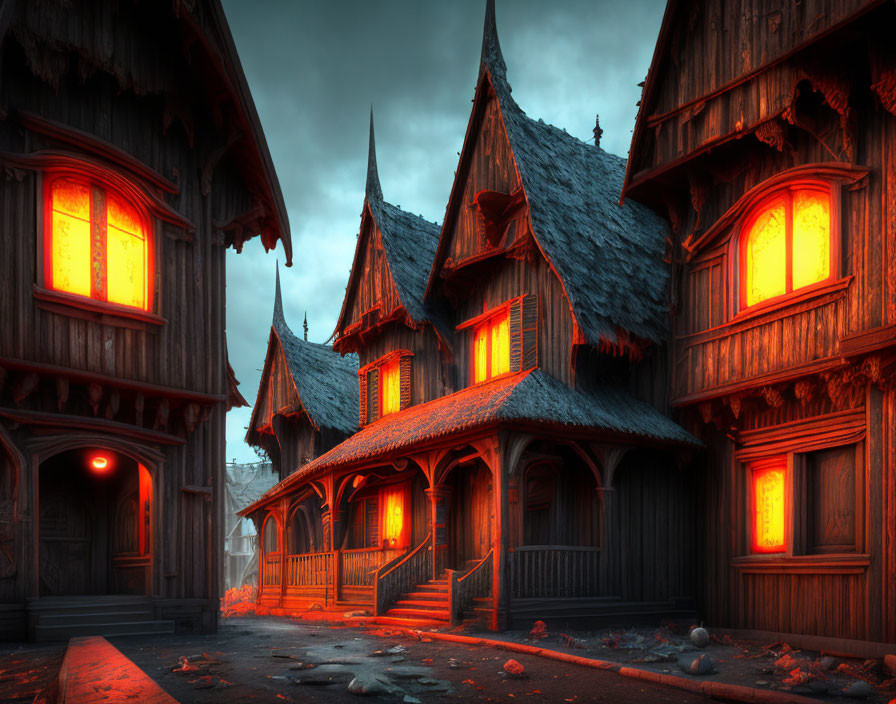 Eerie Gothic wooden house with warm orange lights under cloudy sky