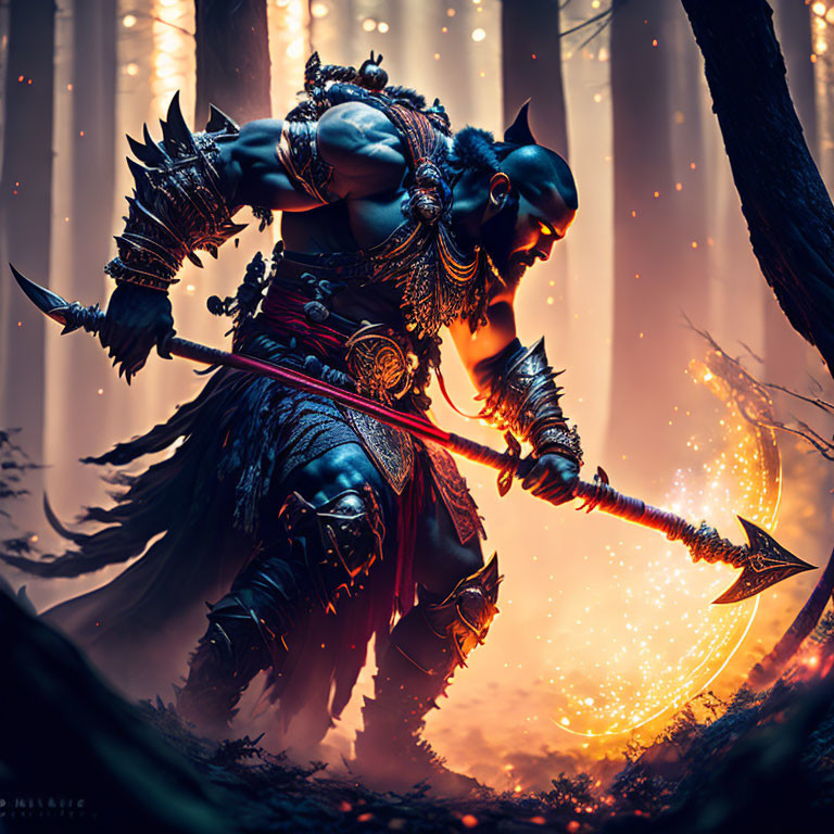 Mystical warrior in ornate armor with glowing spear in twilight forest