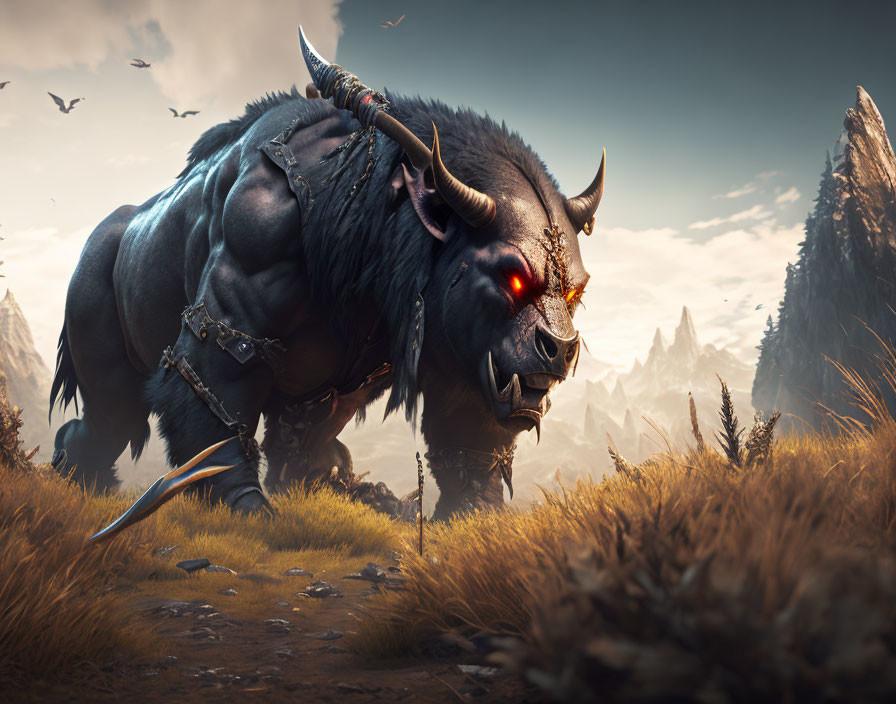 Large muscular fantasy beast with glowing red eyes in mountainous landscape