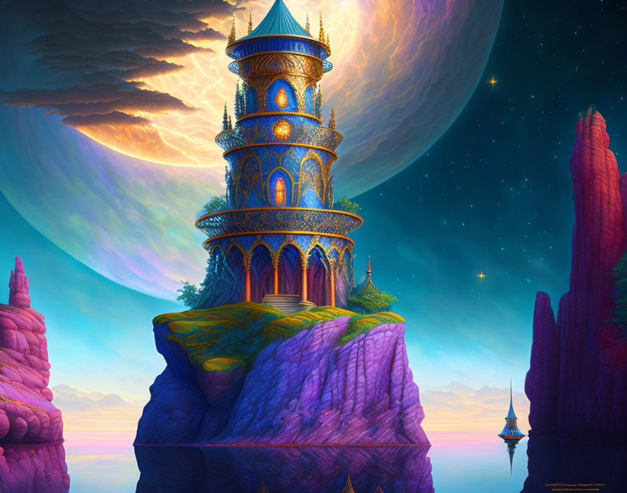 Colorful cliffs and ornate tower in fantasy landscape under twilight sky