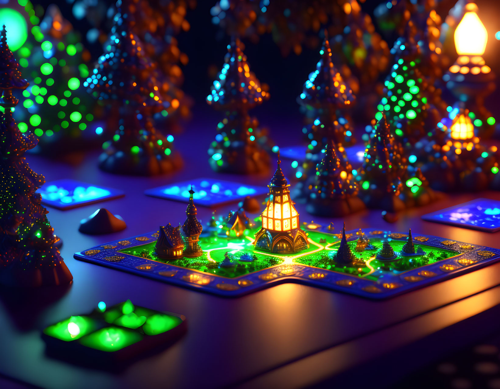 Miniature Christmas Village Display with Illuminated Trees and Buildings