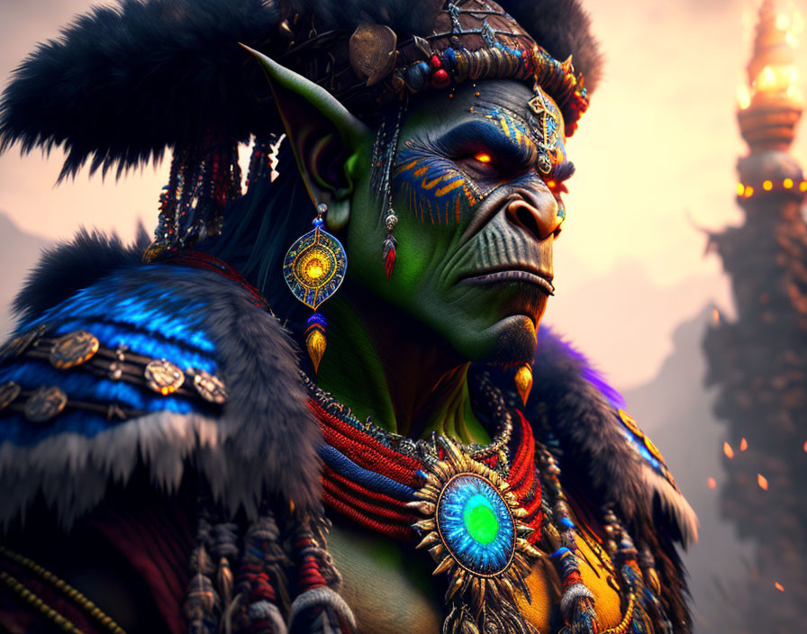 Detailed tribal face paint on fantasy orc character with elaborate jewelry and colorful feathered attire against mystical backdrop