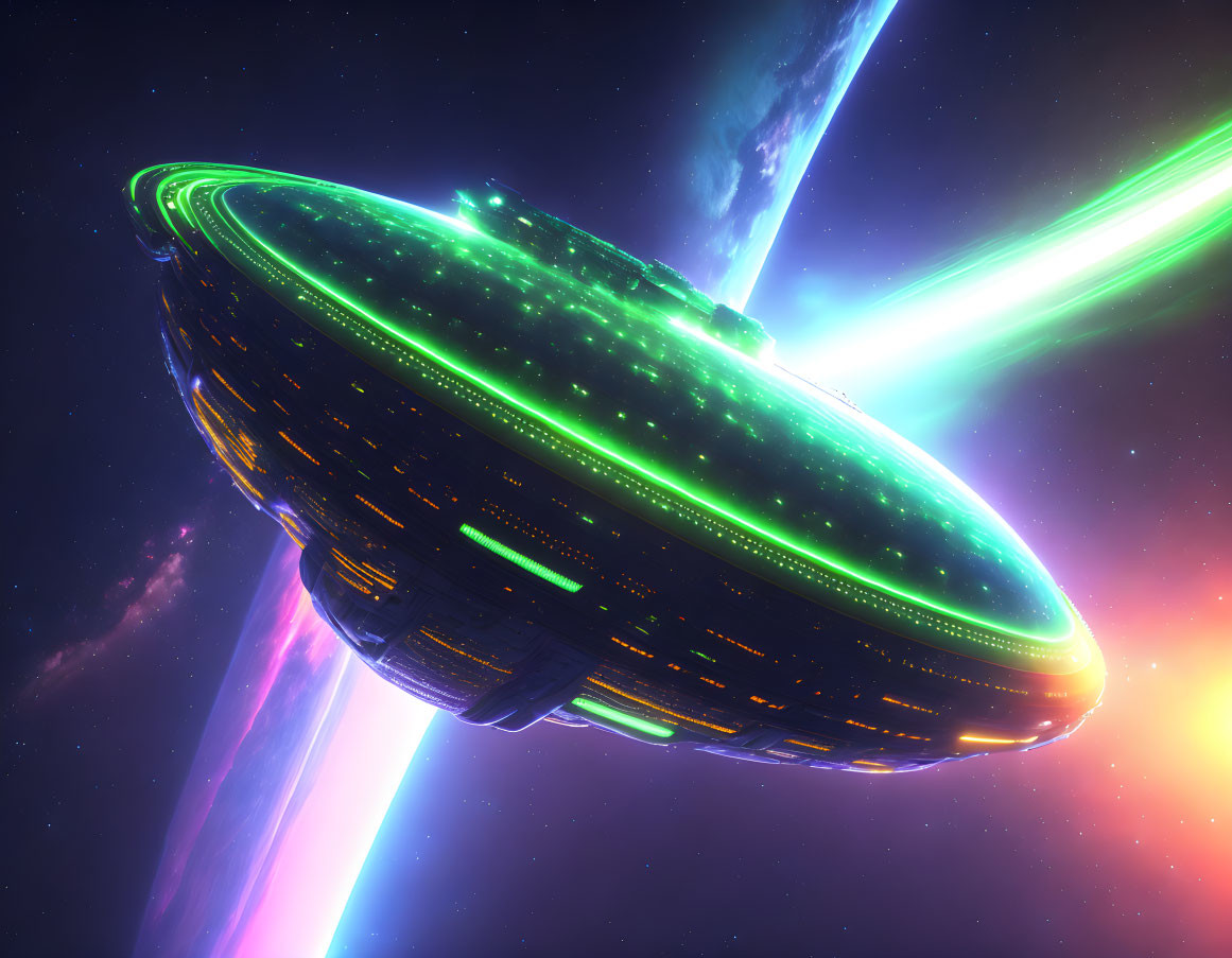 Futuristic spaceship with glowing lights in colorful space landscape