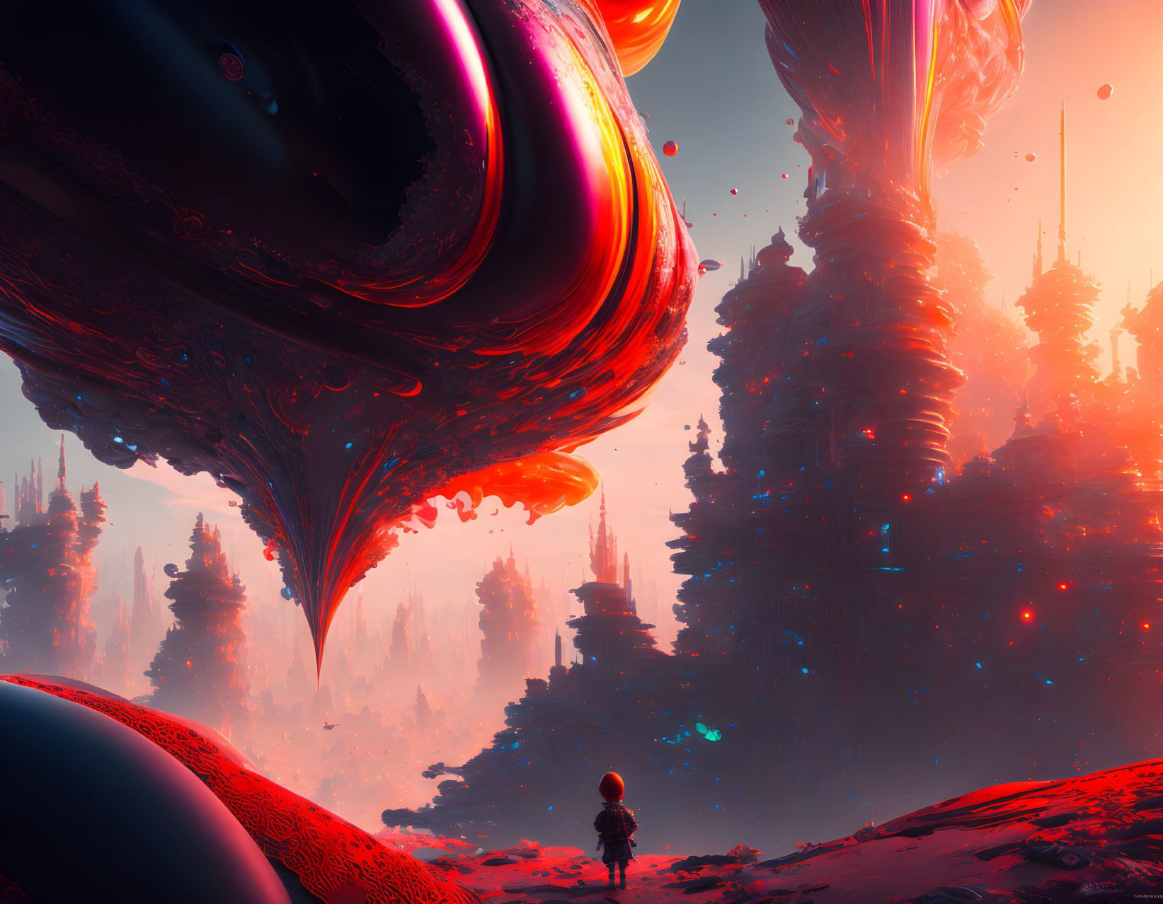 Surreal landscape with floating alien structures and lone figure under red sky