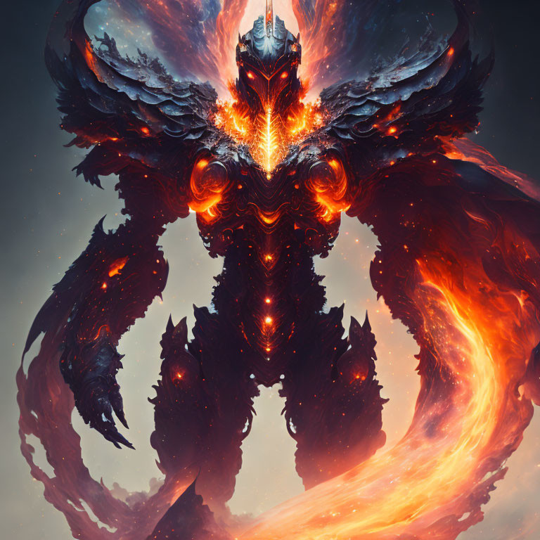 Winged creature with glowing core in fiery setting