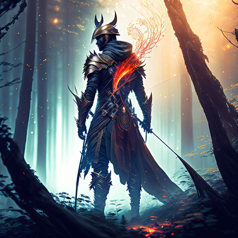 Armored knight in ethereal forest with glowing magical energy