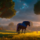 Horse rider in sunlit field with trees and mountains at dusk or dawn