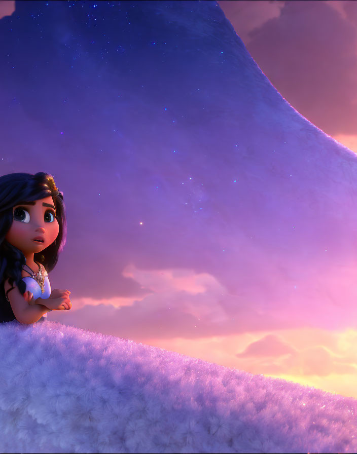 Animated girl gazes at starry twilight sky with vibrant purple hues