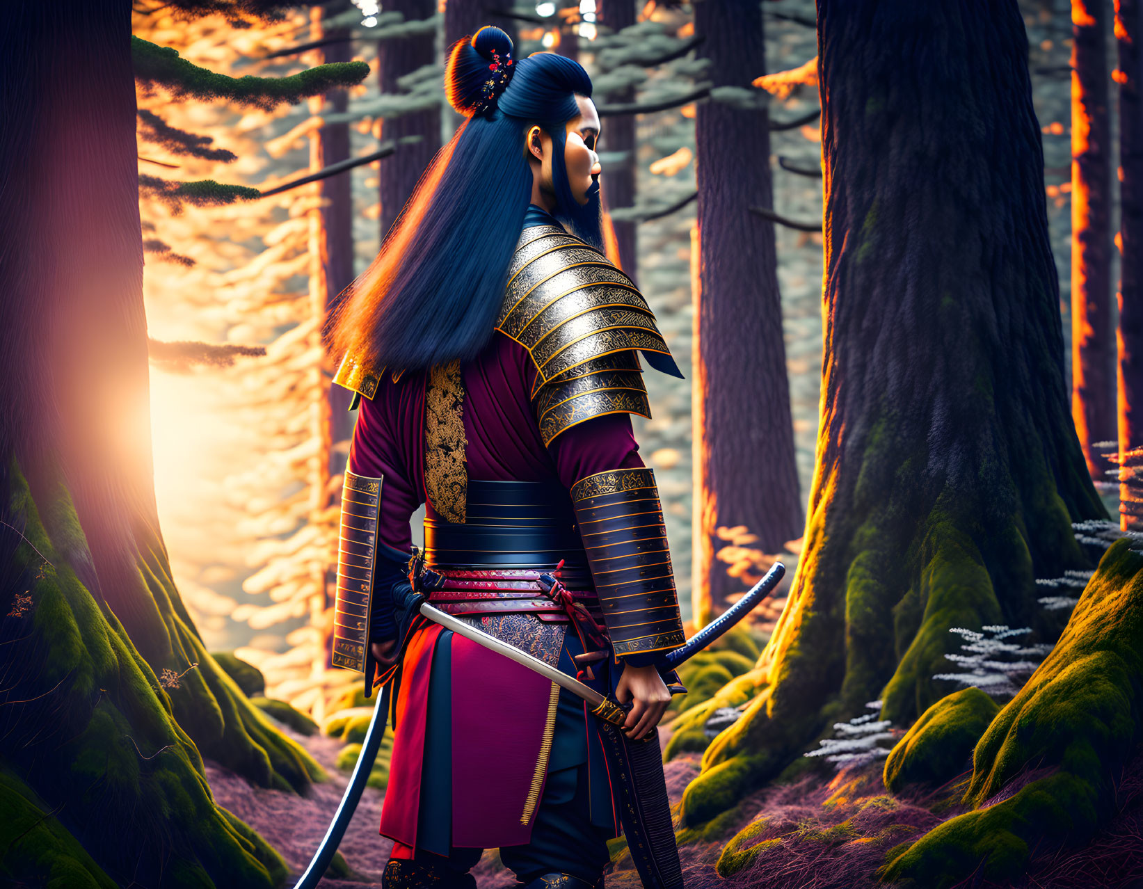 Digital artwork of samurai in traditional armor in forest with sunlight.