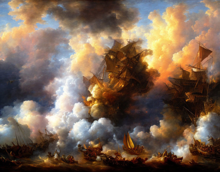 Dramatic maritime scene: naval battle with tall ships, smoke, fire, and smaller boats.