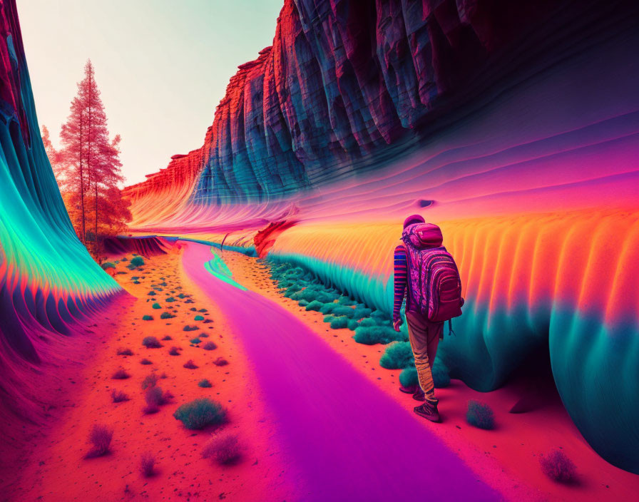 Traveler explores surreal, colorful wavy canyon with vibrant neon hues