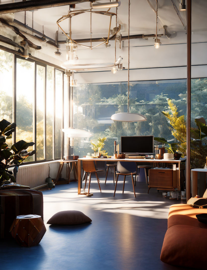 Contemporary office space with warm lighting, large windows, plants, computer, stylish furniture.