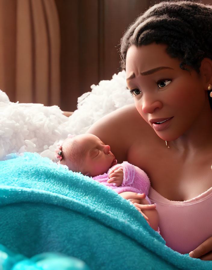 3D-animated woman with dark hair cradling newborn baby in pink blanket