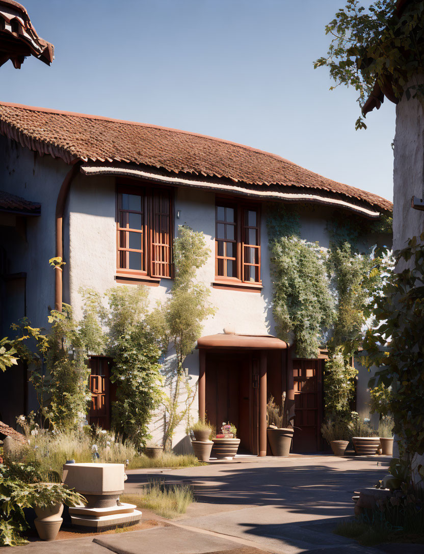 White Two-Story Building with Terracotta Roof Tiles and Greenery